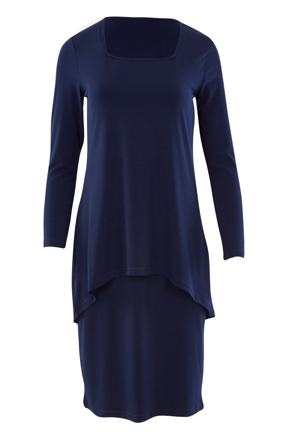 Product shot of The Long Rita Dress in colour Navy (Blue), from the front