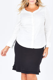 Model Fiona wearing size 16 of The French Cuff Shirt in colour White (White), from the front, cropped image