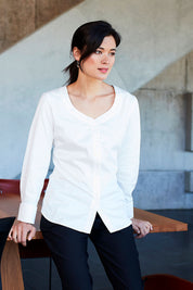 Model Miranda wearing size 10 of The French Cuff Shirt in colour White (White), from the front, showing the whole outfit