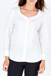 Model Rebecca wearing size 10 of The French Cuff Shirt in colour White (White), from the front, cropped image