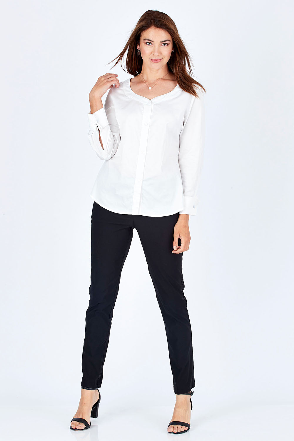 Model Rebecca wearing size 10 of The French Cuff Shirt in colour White (White), from the front, showing the whole outfit