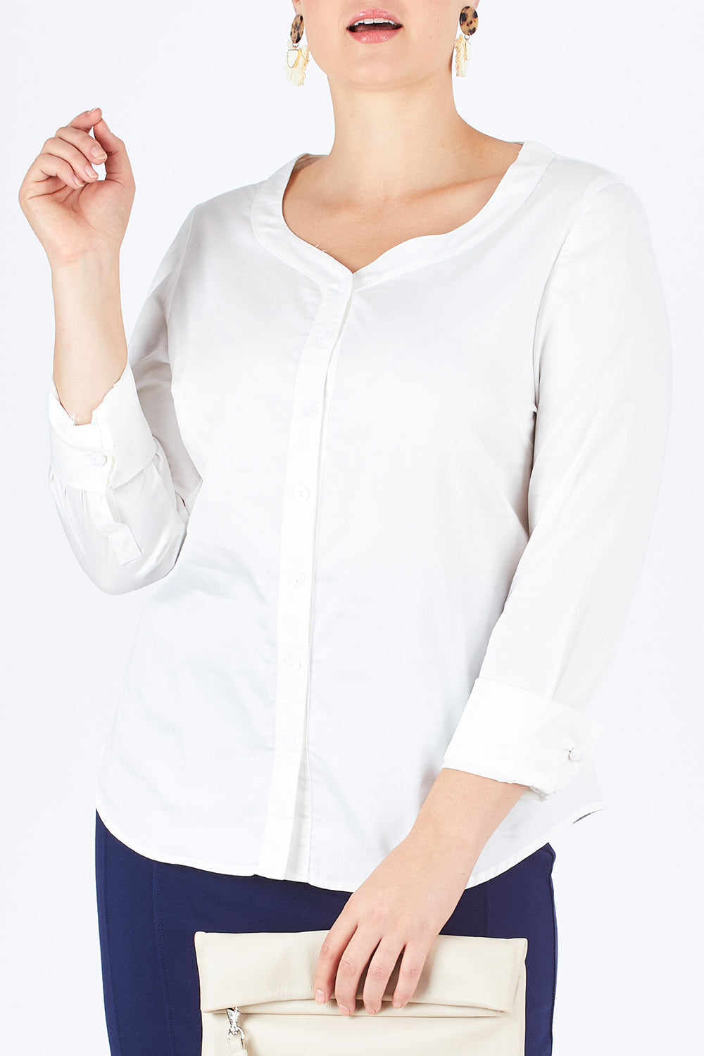 Model Stefania wearing size 14 of The French Cuff Shirt in colour White (White), from the front, cropped image