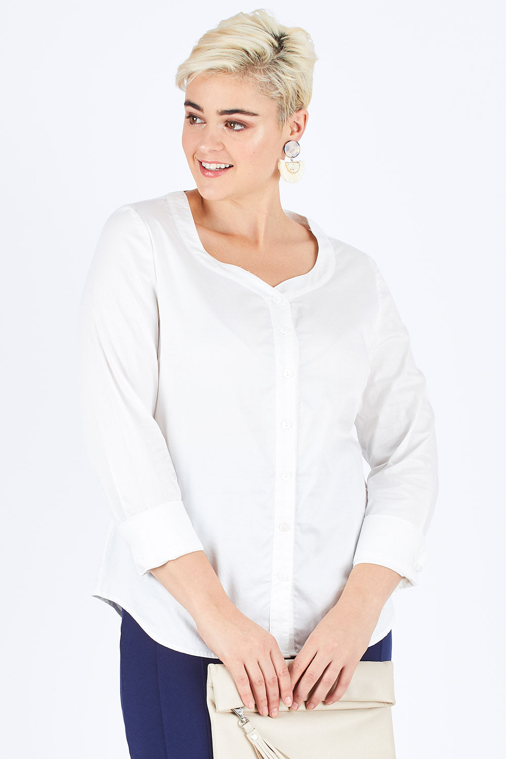 Model Stefania wearing size 14 of The French Cuff Shirt in colour White (White), from the front, cropped image