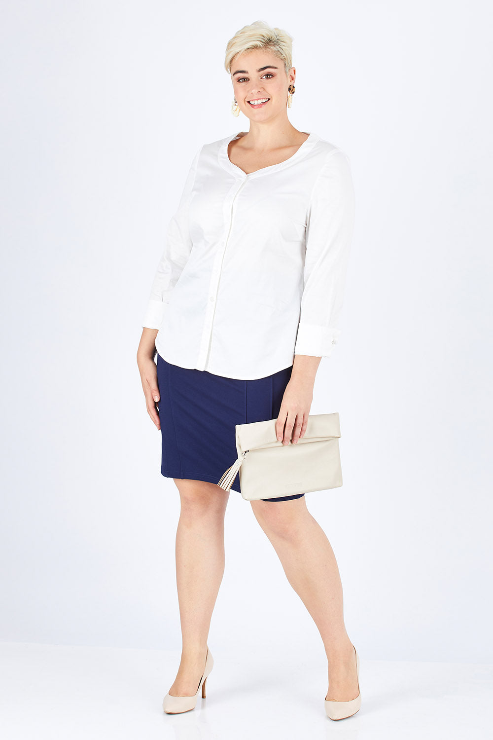 Model Stefania wearing size 14 of The French Cuff Shirt in colour White (White), from the front, showing the whole outfit