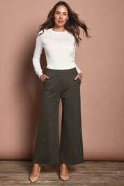 Model Amanda wearing size 10 of The Wide Leg Ponte Pant in colour Khakigreen (Green), from the front, showing the whole outfit