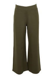 Product shot of The Wide Leg Ponte Pant in colour Khakigreen (Green), from the front