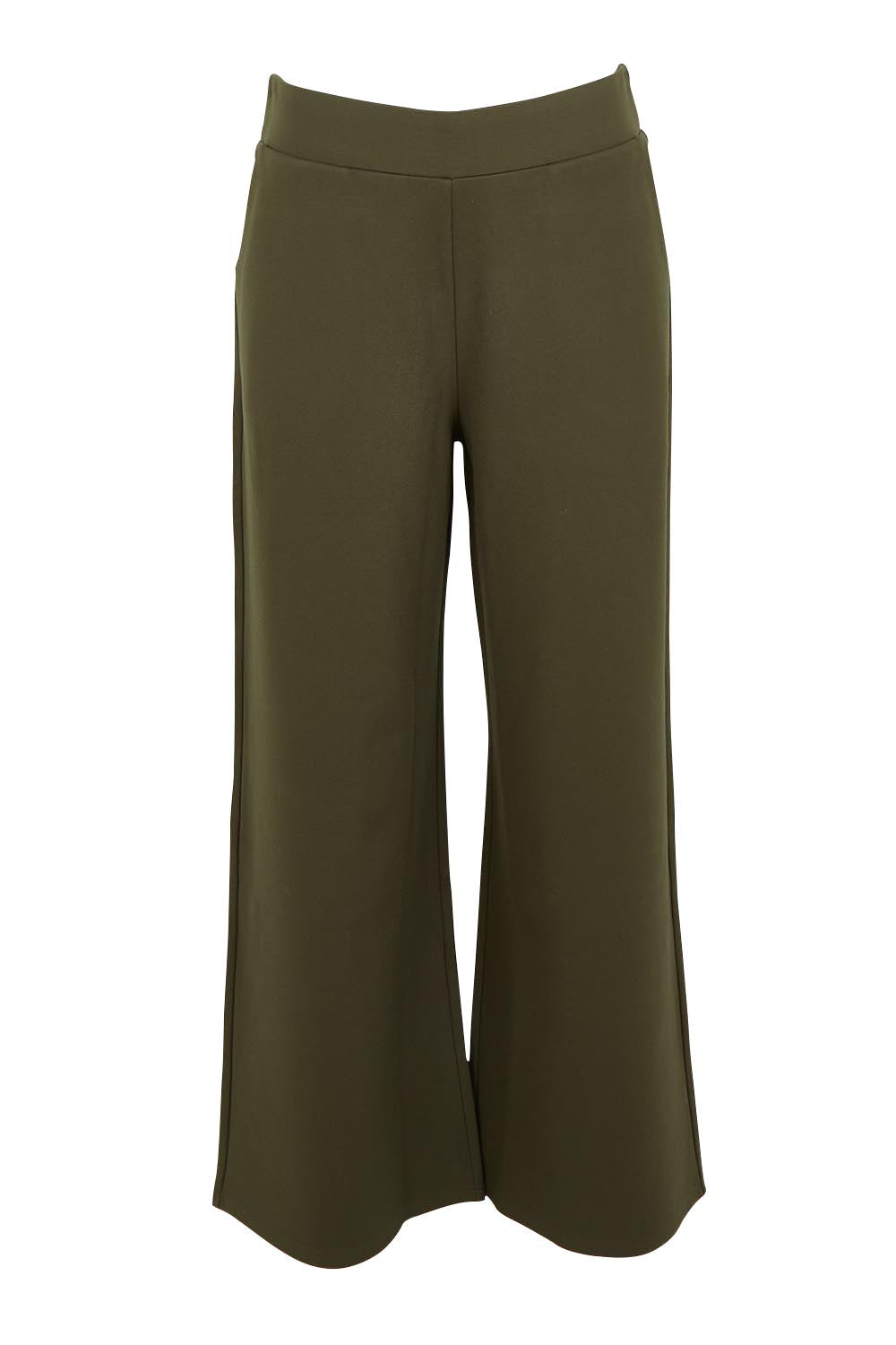 Product shot of The Wide Leg Ponte Pant in colour Khakigreen (Green), from the front