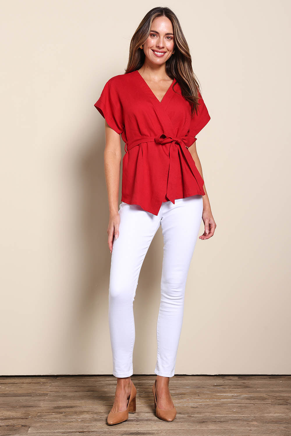 Model Madelinec wearing size 10 of the The Linen Tencel Kimono Top - Tomato in colour Tomato, from the front