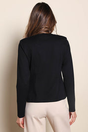 Model Madelinec wearing size 10 of the The Define Ponte Jacket - Black in colour Black, from the back