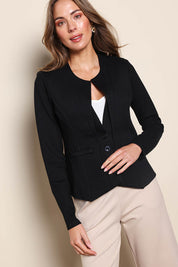 Model Madelinec wearing size 10 of the The Define Ponte Jacket - Black in colour Black, in a cropped view