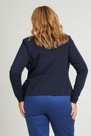Model Fiona wearing size 16 of The Define Ponte Jacket in colour Darknavy (Blue), from the back