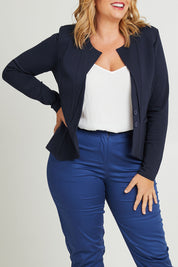 Model Fiona wearing size 16 of The Define Ponte Jacket in colour Darknavy (Blue), from the front, cropped image