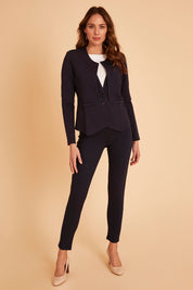 Model Madeline wearing size 10 of The Define Ponte Jacket in colour Darknavy (Blue), from the front, showing the whole outfit