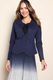 Model Madelinec wearing size 10 of the The Define Ponte Jacket - Darknavy in colour Darknavy, in a cropped view