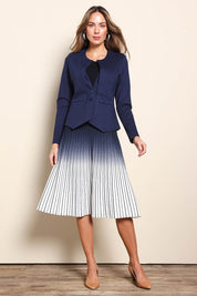 Model Madelinec wearing size 10 of the The Define Ponte Jacket - Darknavy in colour Darknavy, from the front