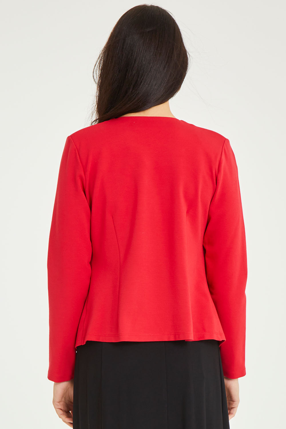 Model Stacey wearing size 10 of The Define Ponte Jacket in colour Fire (Red), from the back