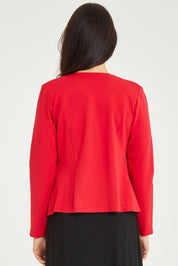 Model Stacey wearing size 10 of The Define Ponte Jacket in colour Fire (Red), from the back