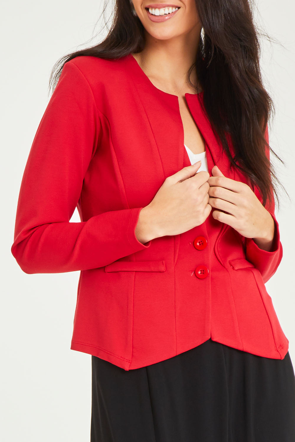 Model Stacey wearing size 10 of The Define Ponte Jacket in colour Fire (Red), from the front, cropped image