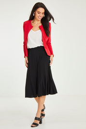 Model Stacey wearing size 14 of The Define Ponte Jacket in colour Fire (Red), from the front, showing the whole outfit