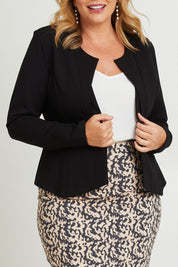 Model Fiona wearing size 16 of The Define Ponte Jacket in colour Jetblack (Black), from the front, cropped image