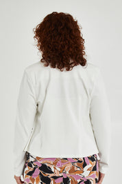 Model Maddy wearing size 16 of The Define Ponte Jacket in colour Pearl (White), from the back