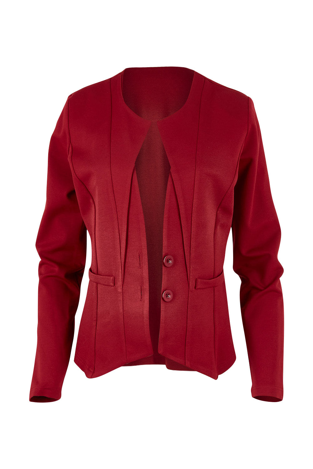 Product shot of The Define Ponte Jacket in colour Port (Red), from the front