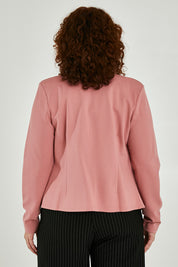 Model Maddy wearing size 16 of The Define Ponte Jacket in colour Rose (Pink), from the back