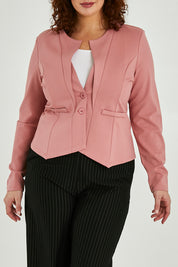 Model Maddy wearing size 16 of The Define Ponte Jacket in colour Rose (Pink), from the front, cropped image