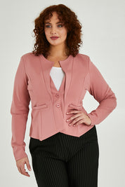 Model Maddy wearing size 16 of The Define Ponte Jacket in colour Rose (Pink), from the front, cropped image