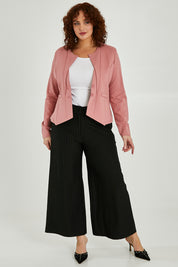 Model Maddy wearing size 16 of The Define Ponte Jacket in colour Rose (Pink), from the front, showing the whole outfit
