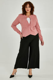 Model Maddy wearing size 16 of The Define Ponte Jacket in colour Rose (Pink), from the front, showing the whole outfit