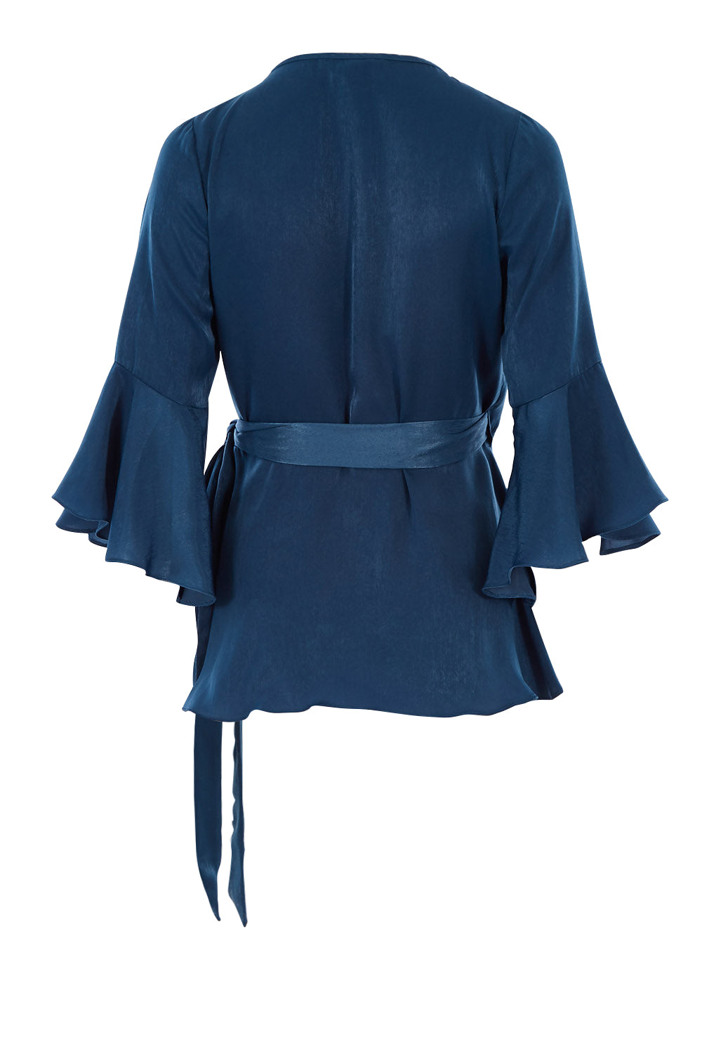 Product shot of The Luxe Wrap Top in colour Opal (Blue), from the back