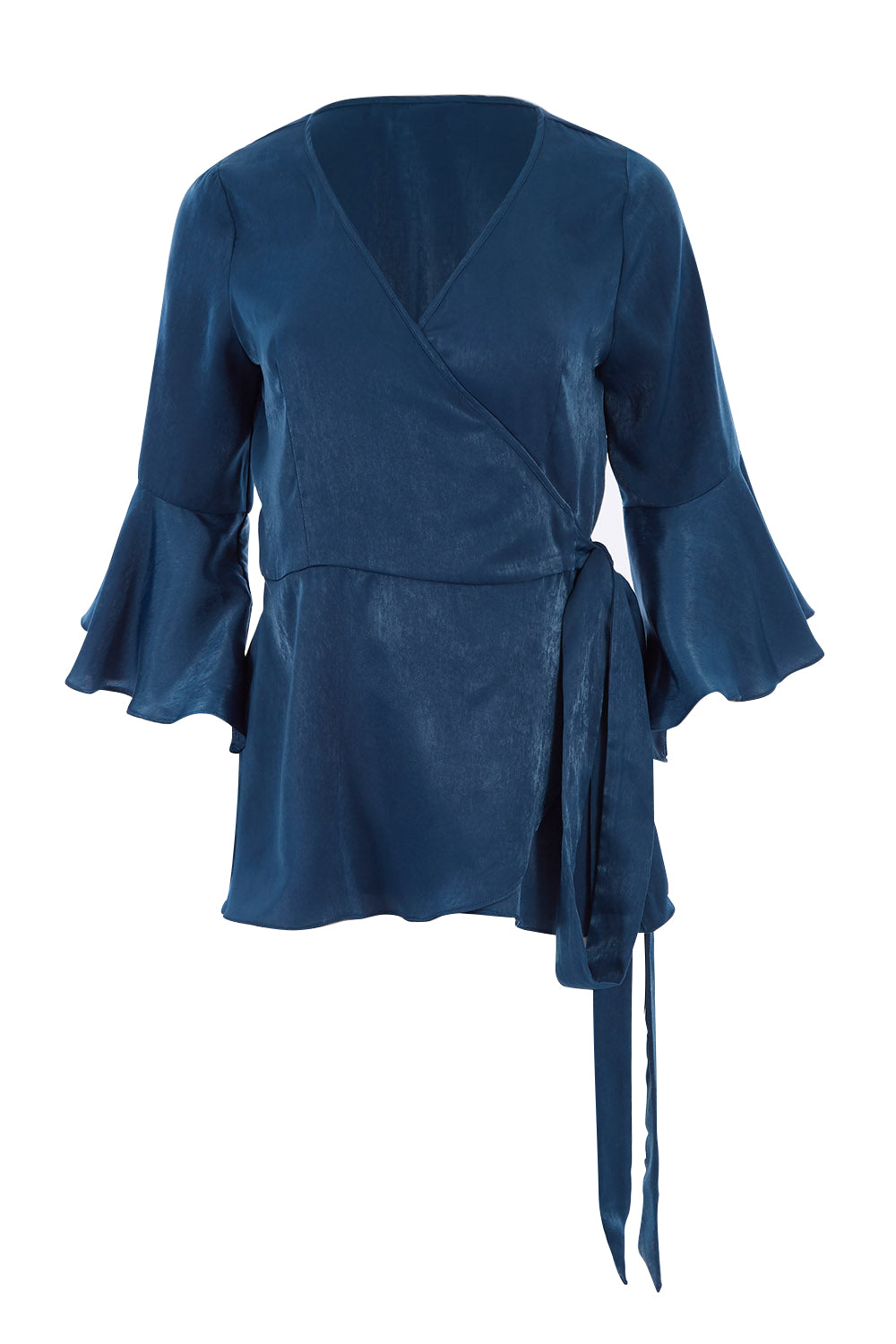 Product shot of The Luxe Wrap Top in colour Opal (Blue), from the front