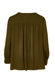 Product shot of The Luxe V Neck Blouse in colour Sepia, from the back