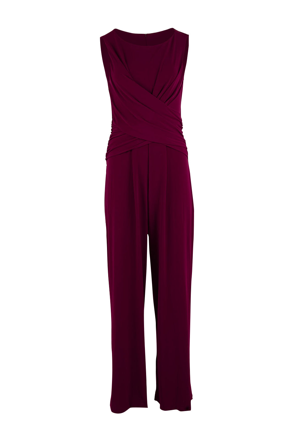 Product shot of The Cross Waist Jumpsuit in colour Port (Purple), from the front
