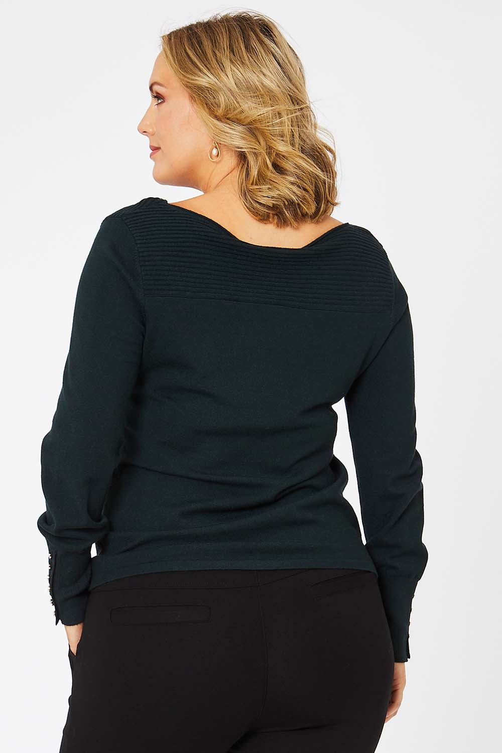 Model Jess wearing size L of The Boat Neck Knit in colour Darkpine (Green), from the back