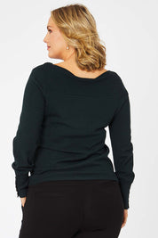 Model Jess wearing size L of The Boat Neck Knit in colour Darkpine (Green), from the back