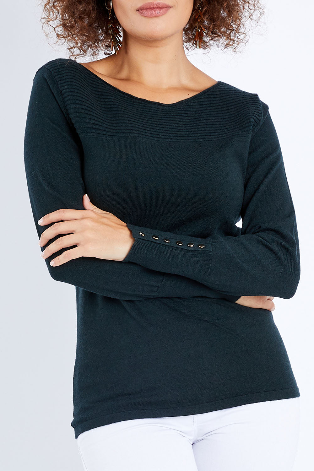 Model Lala wearing size S of The Boat Neck Knit in colour Darkpine (Green), from the front, cropped image
