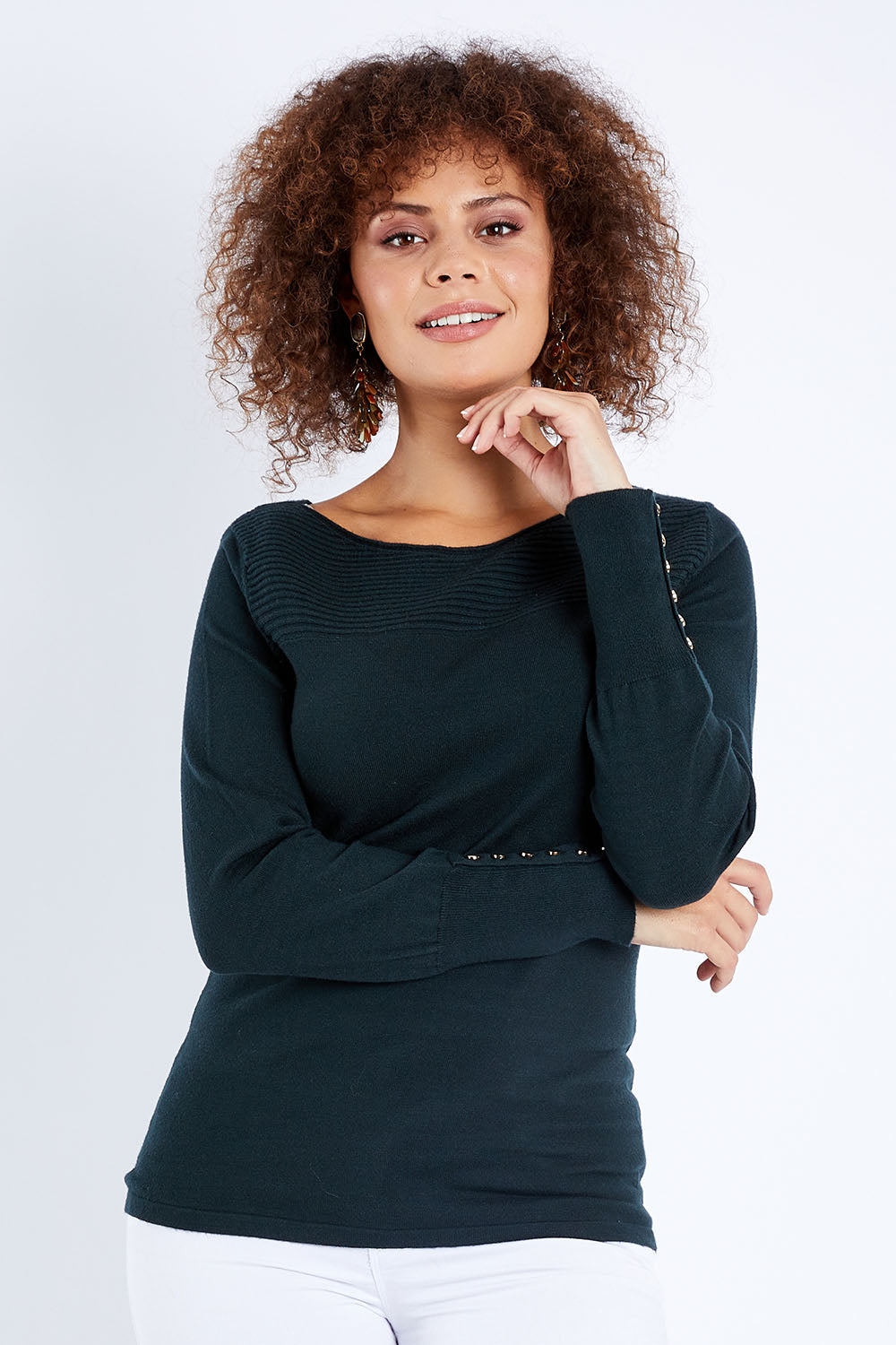 Model Lala wearing size S of The Boat Neck Knit in colour Darkpine (Green), from the front, cropped image