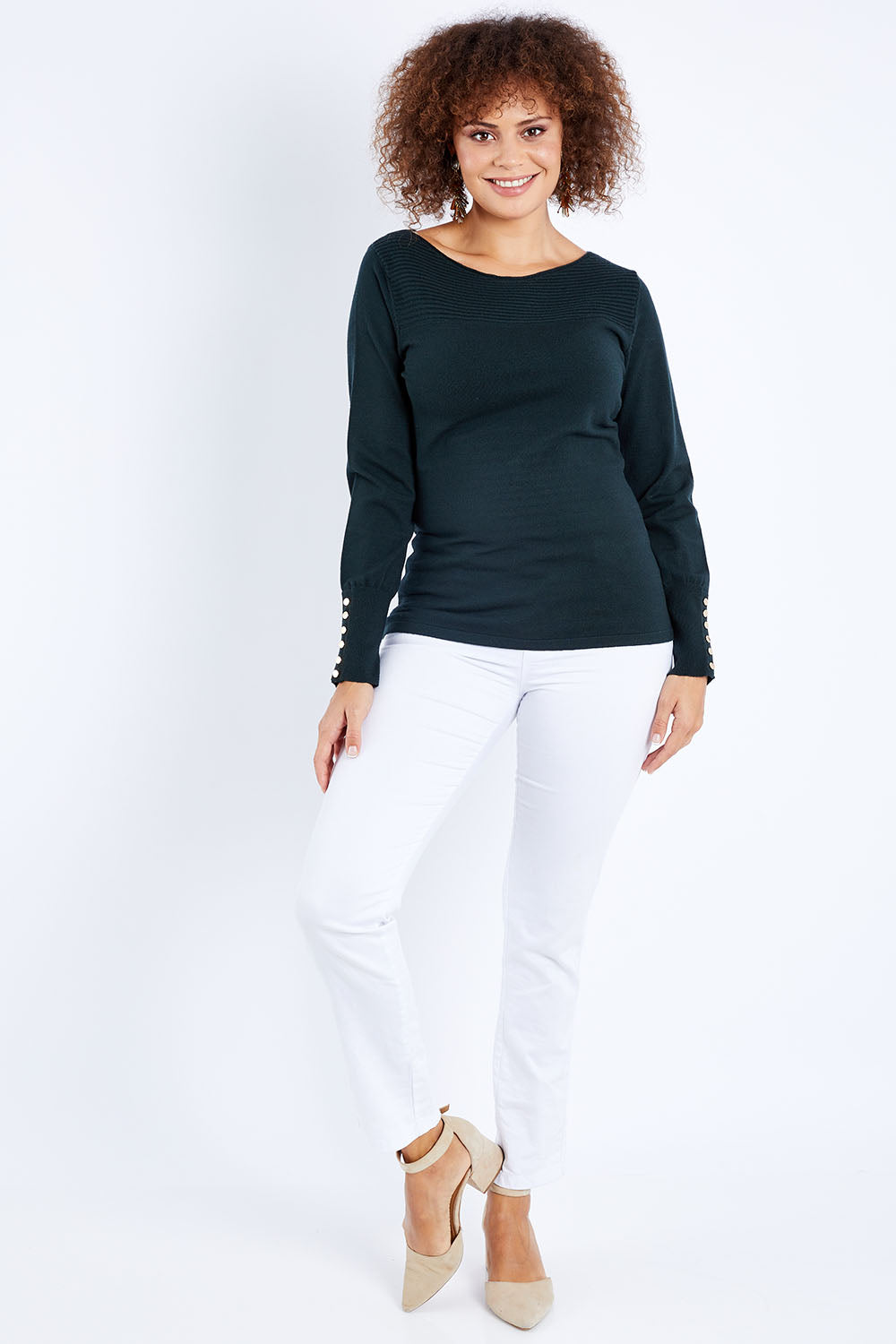 Model Lala wearing size S of The Boat Neck Knit in colour Darkpine (Green), from the front, showing the whole outfit