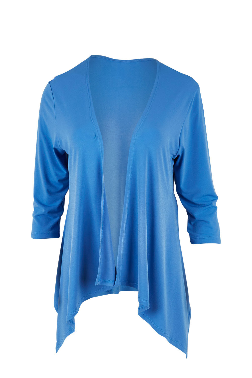 Product shot of The Drape Cardi in colour Denimblue (Blue), from the front