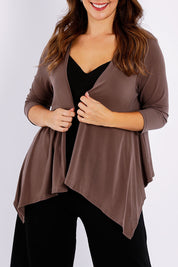 Model Jessica wearing size 14 of The Drape Cardi in colour Mocha, from the front, cropped image