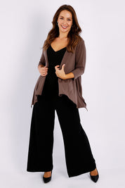 Model Jessica wearing size 14 of The Drape Cardi in colour Mocha, from the front, showing the whole outfit