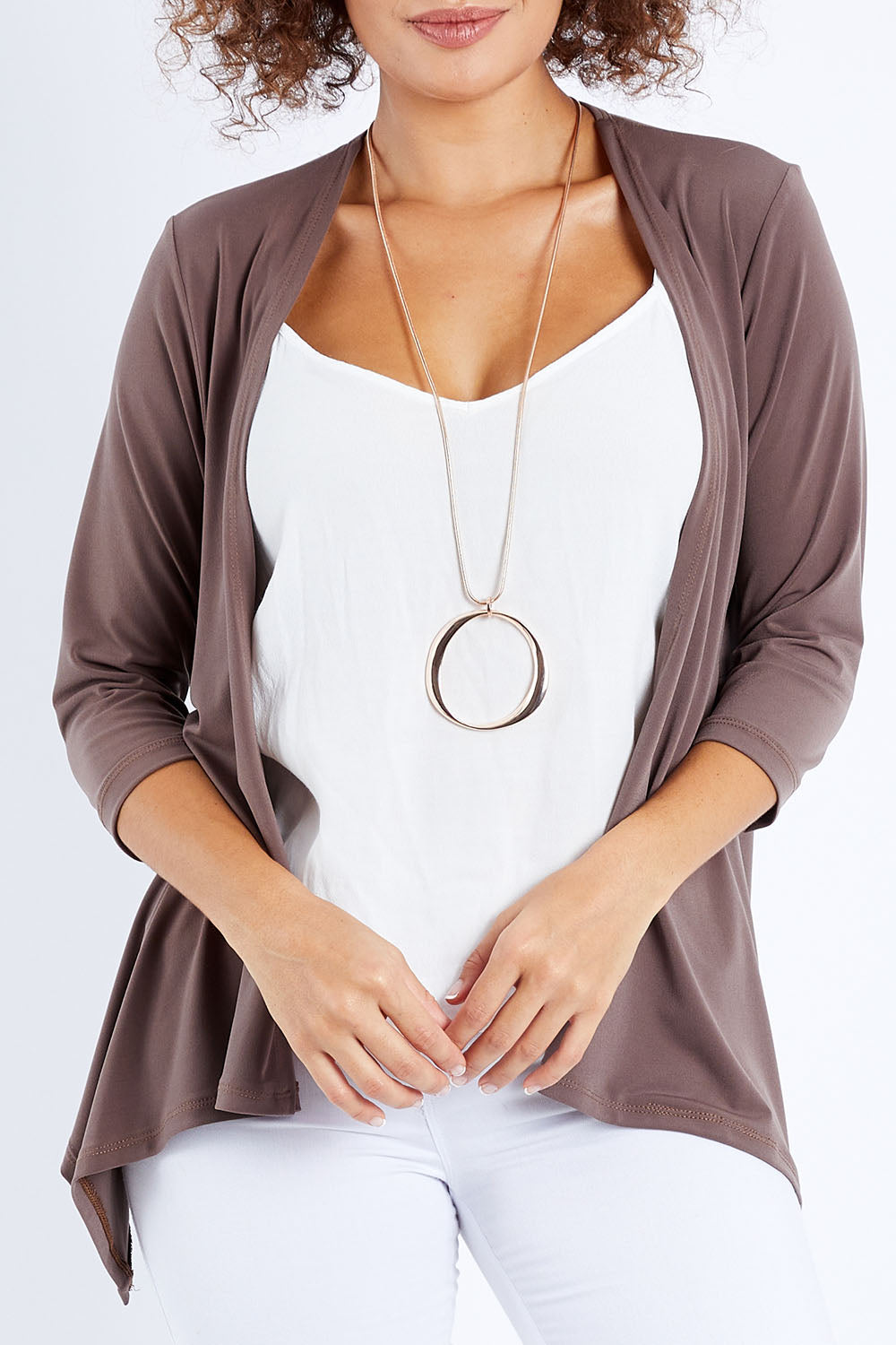 Model Lala wearing size 10 of The Drape Cardi in colour Mocha, from the front, cropped image