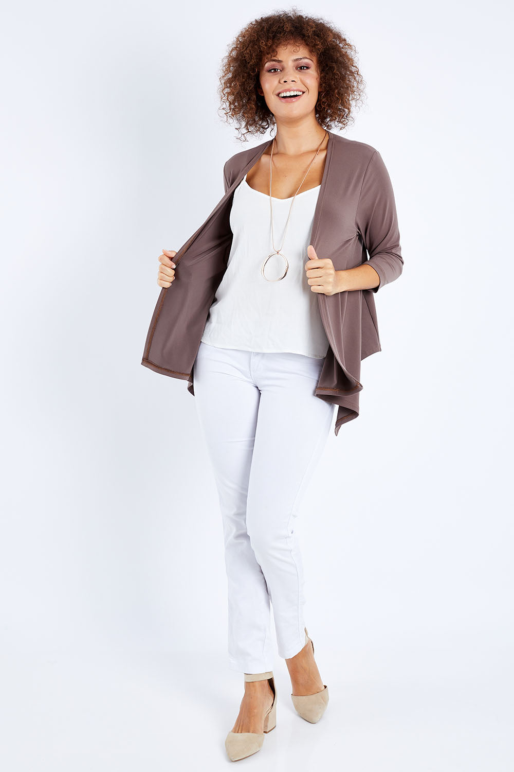 Model Lala wearing size 10 of The Drape Cardi in colour Mocha, from the front, showing the whole outfit