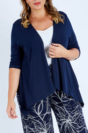 Model Fiona wearing size 16 of The Drape Cardi in colour Navy (Blue), from the front, cropped image