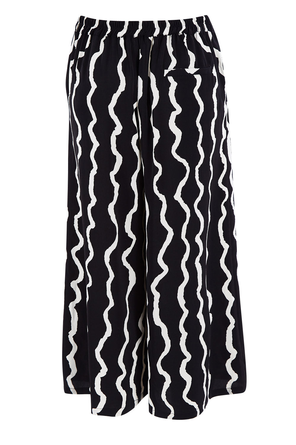 Product shot of The Luxe Printed Pull On Culottes in colour Squiggle (Black), from the back