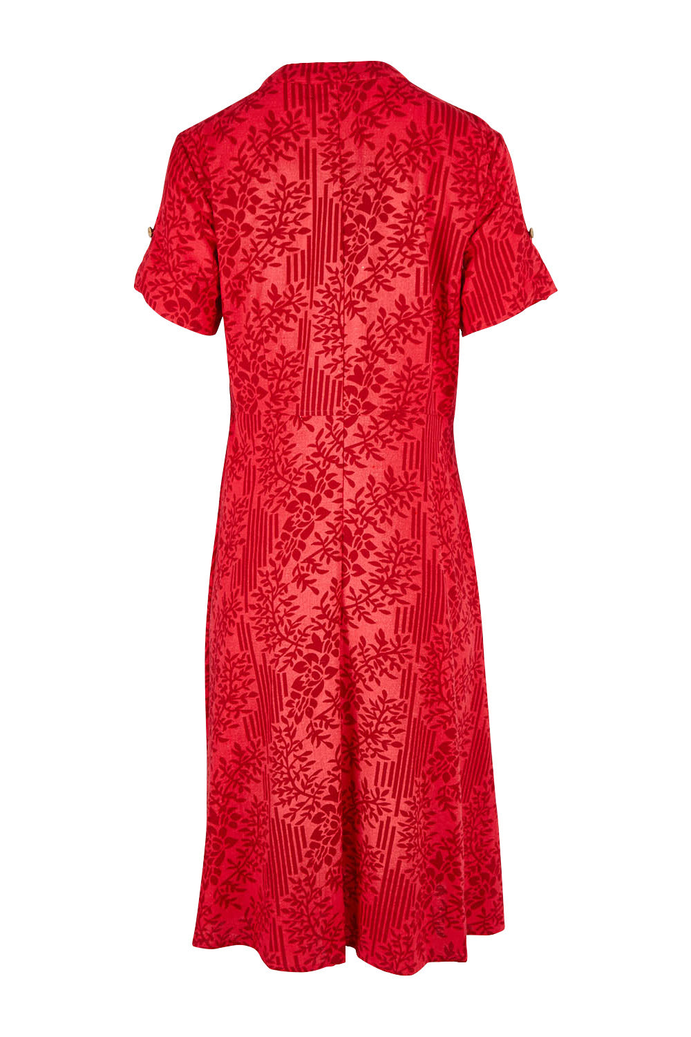 Product shot of The Printed Cotton V Neck Dress in colour Bamboo (Red), from the back