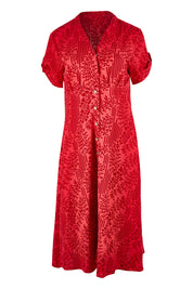 Product shot of The Printed Cotton V Neck Dress in colour Bamboo (Red), from the front