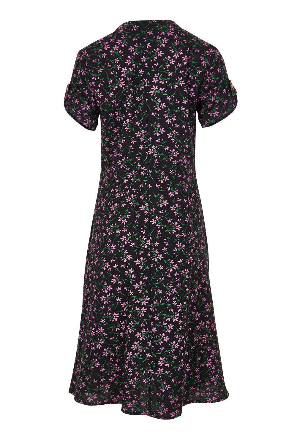Product shot of The Printed Cotton V Neck Dress in colour Ditsy (Black), from the back